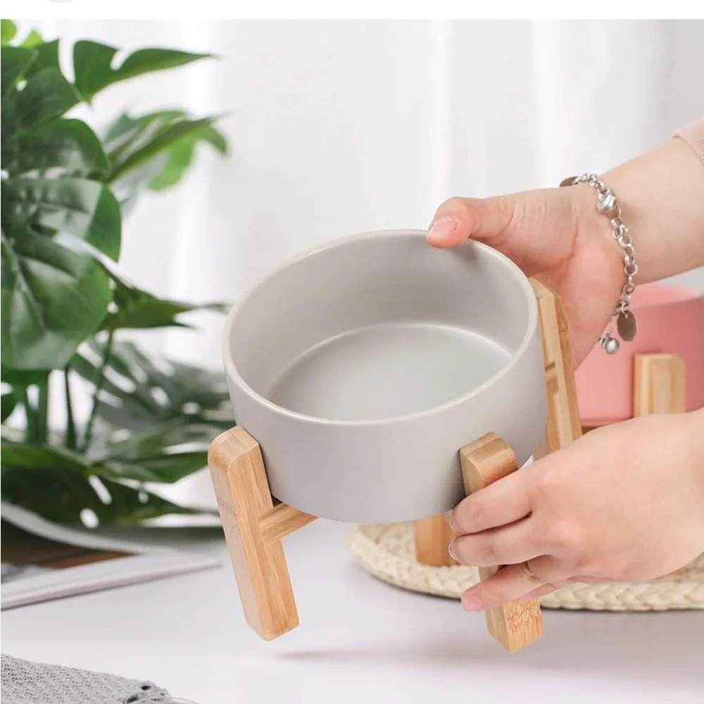 HCHLQLZ Grey Ceramic Cat Dog Bowl Dish with Wood Stand No Spill Pet Food Water
